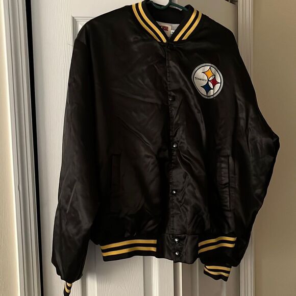 Vintage NFL Pittsburgh Steelers Locker Line Black Satin Bomber Snap Up Jacket- X - Picture 1 of 16